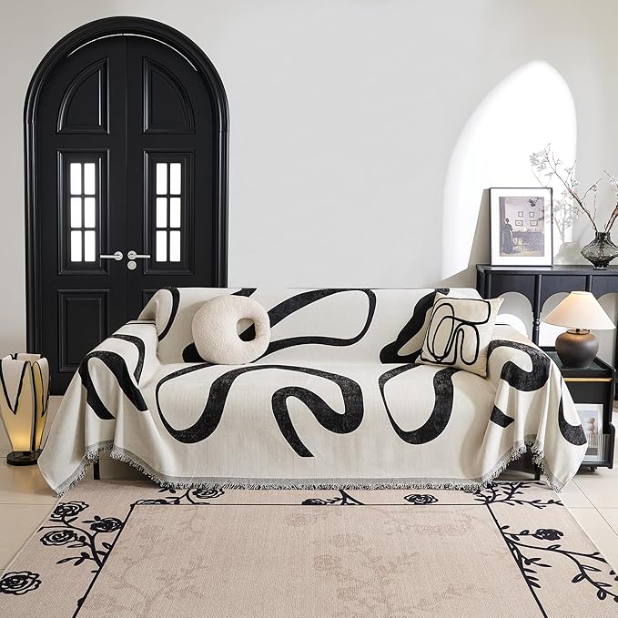 MYSKY HOME Couch Cover for 3 Cushion Couch Sofa Cover, Super Soft Boho Couch Covers for Dogs Washable, Jacquard Sofa Slipcover Furniture Protector for Living Room, 91" x 118", Black Curve