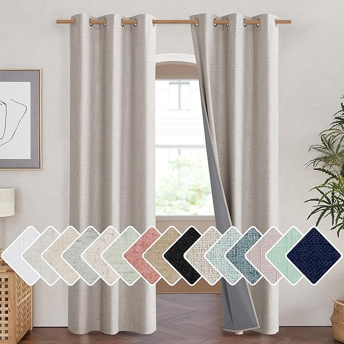 NICETOWN Brich Vintage Open Linen Weave Flax Thermal Curtains, 100% Blackout Curtains 90" Long for Dining Room, Soundproof Window Treatment Drapes for Hall Room, 42" Wide Per Panel, Set of 2