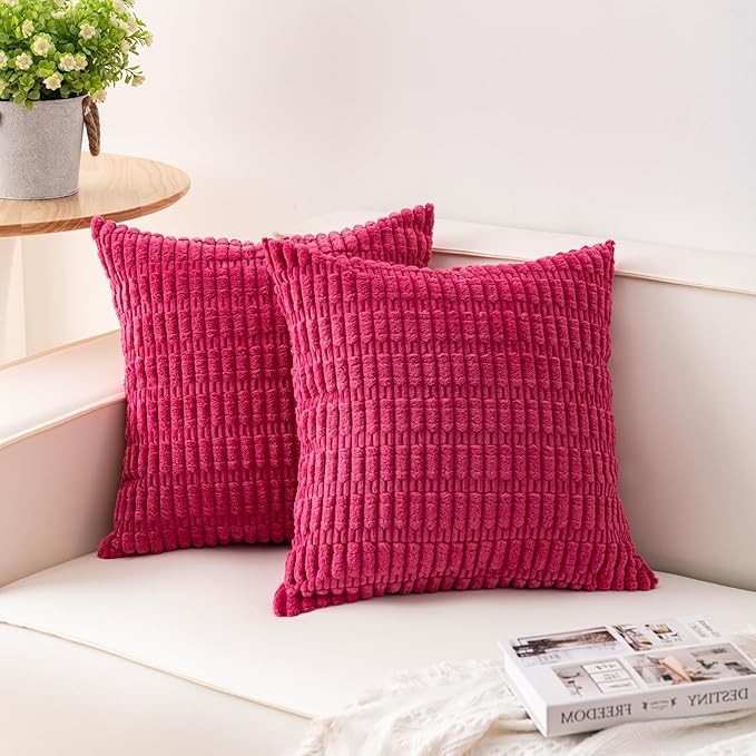 Pack of 2 Corduroy Decorative Throw Pillow Covers 18x18 InchSoft Boho Striped Pillow Covers Modern Farmhouse Home Decor for Sofa Living Room Couch Bed（Rose Red）