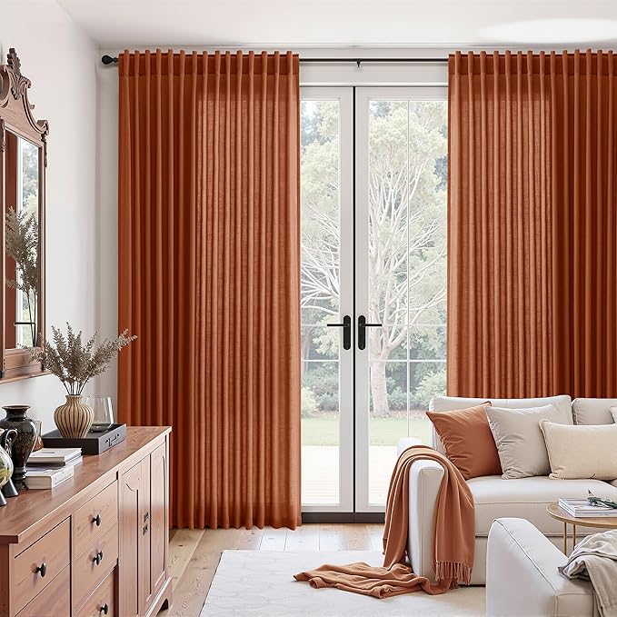 Nanspring Extra Wide Linen Curtains for Living Room 90 Inches Long Terracotta Light Filtering Semi Sheer Boho Farmhouse Curtain for Bedroom Office Luxury Back Tab and Rod Pocket 100x90, 2 Panels