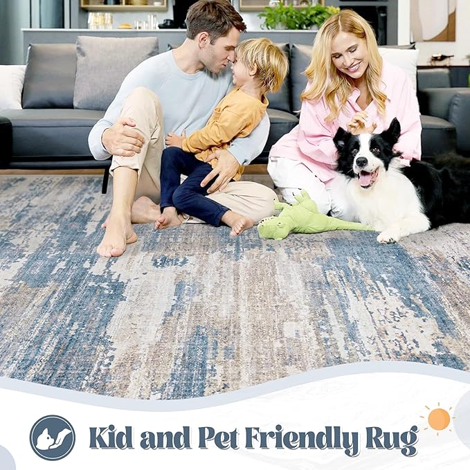 10x14 Area Rugs for Living Room, Washable Modern Abstract Large Area Rug Neutral Soft Non Slip Kids Rug Stain Resistant Indoor Carpet for Bedroom Dining Room Playroom Office(BlueBeige, 10'x14')