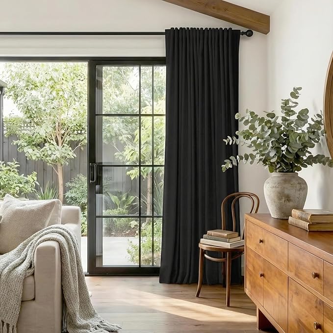 100% Blackout Shield Linen Blackout Curtains for Bedroom 96 Inches Long, Back Tab/Rod Pocket Living Room Drapes, Thermal Insulated Blackout Curtains 1 Panel Set, 100" W x 96" L, Black