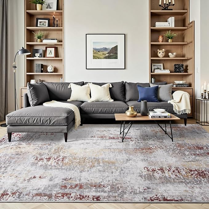 Toneed Abstract Area Rug 6x9 Modern Washable Rug Soft Non Slip Rug Low Pile for Bedroom Living Room Dining Room Taupe Grey Brown