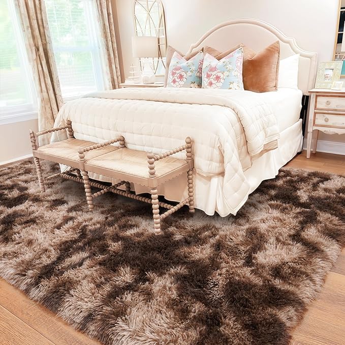 Rugs for Bedroom 4x6, Soft Shaggy Modern Shag Area Rug for Living Room, Upgrade Non-Slip Plush Fluffy Carpet for Kids Boys Girls Room Home Decor Aesthetic, Tie-Dyed Brown