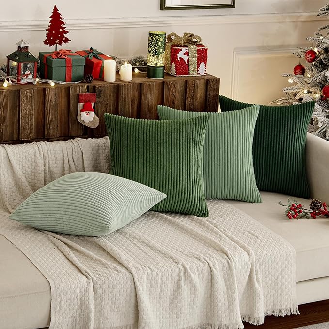 MIULEE Boho Farmhouse Sage Green Throw Pillow Covers 16x16 Inch Set of 4 Mordern Nordic Cushion Covers Soft Corduroy Spring Home Decor for Couch Bed Sofa Living Room Forest Green
