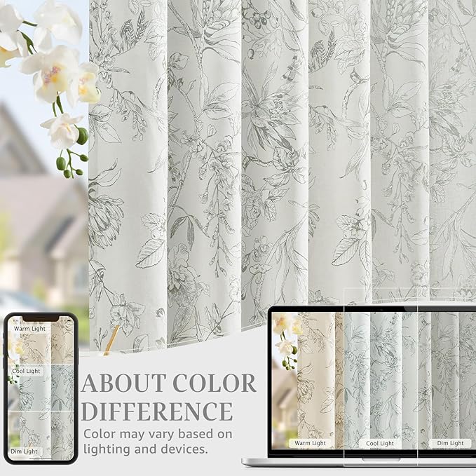 jinchan Floral Curtains 96 Inches Long Charcoal Grey Flower Linen Farmhouse Curtain for Living Room French Country Vintage Curtain Rod Pocket Curtains Set 2 Panels Gray Floral Printed