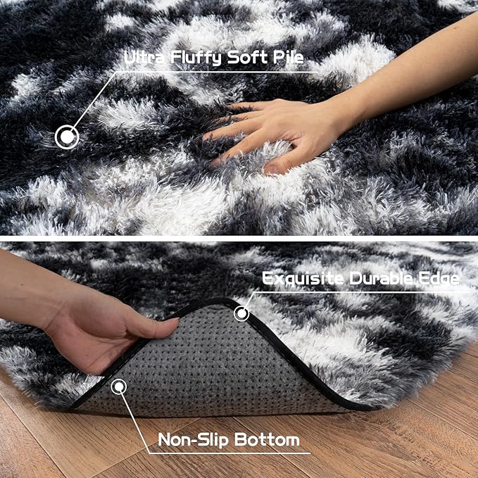 Pionblank Fluffy Small Rug for Bedroom 2x3 Feet, Shag Soft Area Rug, Modern Plush Carpet, Furry Cute Bedside Rug for Kids Girls Boys Room Nursery Decor, Black White
