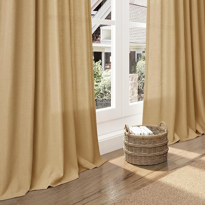 Gold Yellow Linen Curtains 72 Inch Length for Living Room Sheer Lightweight Door Drapes 2 Panels Set for Kids Bedroom Light Filtering Back Tab Rod Pocket Curtain for Kitchen Protect Privacy 52x72
