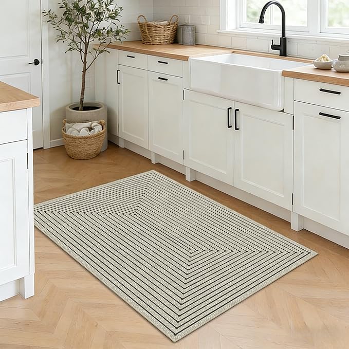 Latte&Fog 2x3 Entryway Rug, Small Modern Abstract Door Mat, Washable Kitchen Rug, Boho Non Slip Low Pile Carpet for Indoor Kitchen, Entry, Front Door and Bathroom - Beige