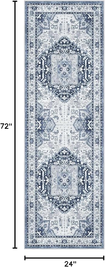 Madane Washable Runner Rug 2x6, Ultra-Thin Non-Slip Non-Shedding Hallway Runner, Stain Resistant Kitchen Mat Entryway Carpet Runner, Vintage Pet Friendly Low Pile Runners (2x6ft, Navy/White)