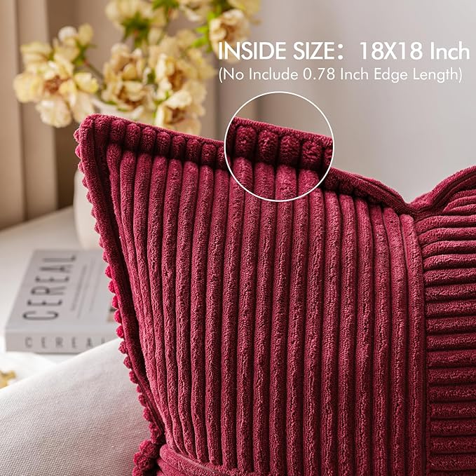 MIULEE Decorative Throw Pillow Covers for Couch Bed Livingroom 18x18 Inch Set of 2 Burgundy Boho Accent Throw Pllows Broadside Striped Patchwork Soft Corduroy Pillowcases