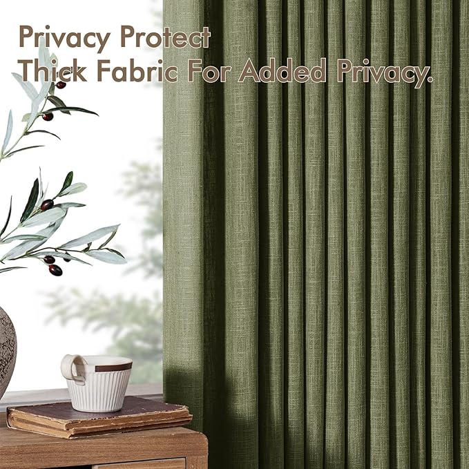 MIULEE Olive Green Pinch Pleated Linen Curtains 96 Inches Long 2 Panels for Living Room Bedroom, Linen Texture Memory Trained Drapes Back Tab Semi Sheer Moss Green Window Curtains with Hooks&Rings