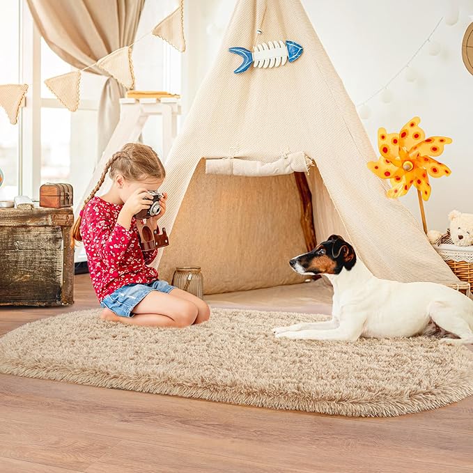 Pionblank Fluffy Area Rug for Bedroom 2.6'x5.3', Shag Oval Rug for Bedside, Ultra Soft Cute Plush Carpet for Living Room Kids Girls Boys Room Nursery Teens Dorm Home Decor, Camel