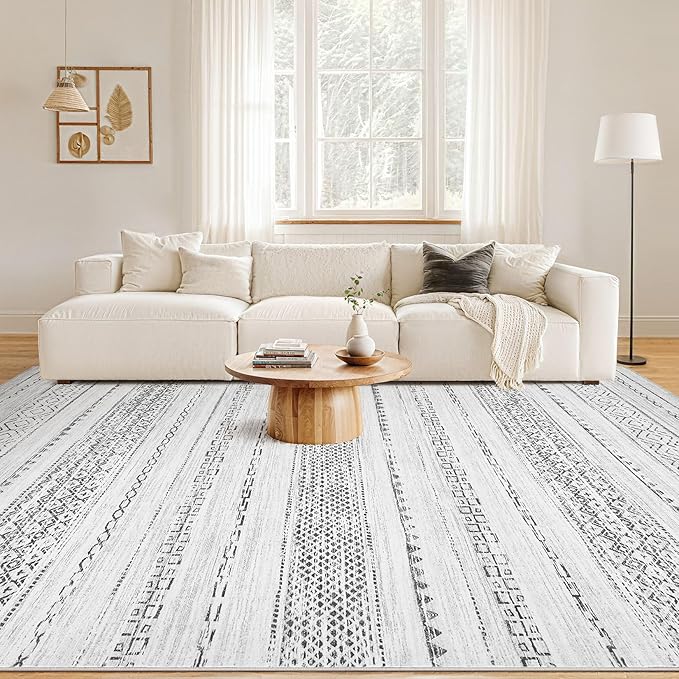 Nakagishi 7x9 Area Rug Living Room: Washable Boho Large Neutral Modern Soft Farmhouse Rugs Stain Resistant Indoor Floor Non-Slip Carpet for Bedroom Nursery Kids Playroom Office Dining Room- Gray