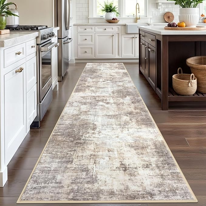 IOHOUZE Abstract Runner Rug 3x12 Ft Washable Runners for Hallways, Non Slip Kitchen Runner Printed Faux Wool Entryway Runner Indoor, Modern Abstract Floor Carpet for Hall Kitchen, Beige Brown