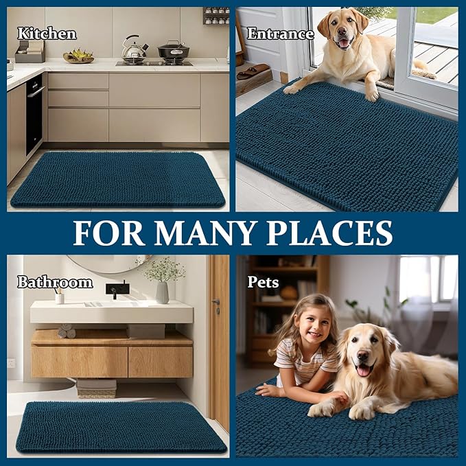 OLANLY Dog Door Mat for Muddy Paws 70x32, Absorbs Moisture and Dirt, Absorbent Non-Slip Washable Doormat, Quick Dry Chenille Mud Mat, Entry Indoor Entryway Carpet for Inside Floor, Atlantic Blue