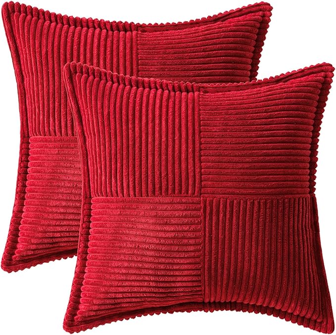 MIULEE Decorative Throw Pillow Covers for Couch Bed Livingroom 20x20 Inch Set of 2 Red Boho Accent Throw Pllows Broadside Striped Patchwork Soft Corduroy Pillowcases