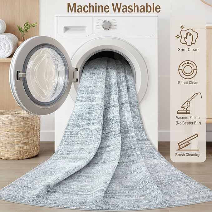 8x10 Area Rugs Living Room: Washable Large Neutral Soft Rug Farmhouse Stain Resistant Indoor Non-Slip Floor Carpet for Bedroom Nursery Kids Playroom Office Dining Room Dorm- Blue