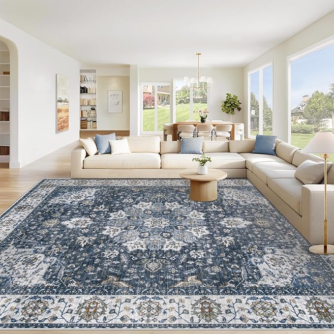 Area Rug 8x10 Washable Rug, Vintage Boho Medallion Rugs Non-Slip Soft Low Pile Large Distressed Rug Indoor Retro Carpet for Living Room Bedroom Dining Room Home Office (Vintage Blue, 8'x10')