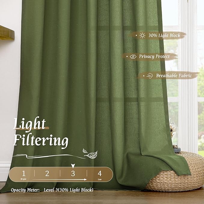LAMIT Faux Linen Curtains 63 inches Long for Bedroom, Rod Pocket Thick Linen Drapes Light Filtering Privacy Window Christmas Decor Curtains for Living Room, 2 Panels (52 x 63 Inch, Olive Green)