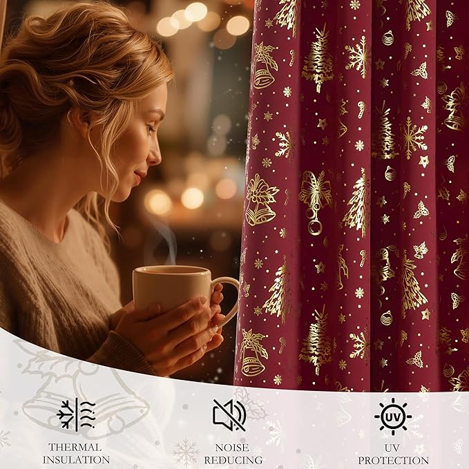 NICETOWN 2 Panels Red Christmas Curtains W42 x L63 in, Rod Pocket Gold Stamping Xmas Tree Printed Window Treatments for Bedroom, Living Room, Thermal & Privacy Draperies for Holiday Party Home Decor