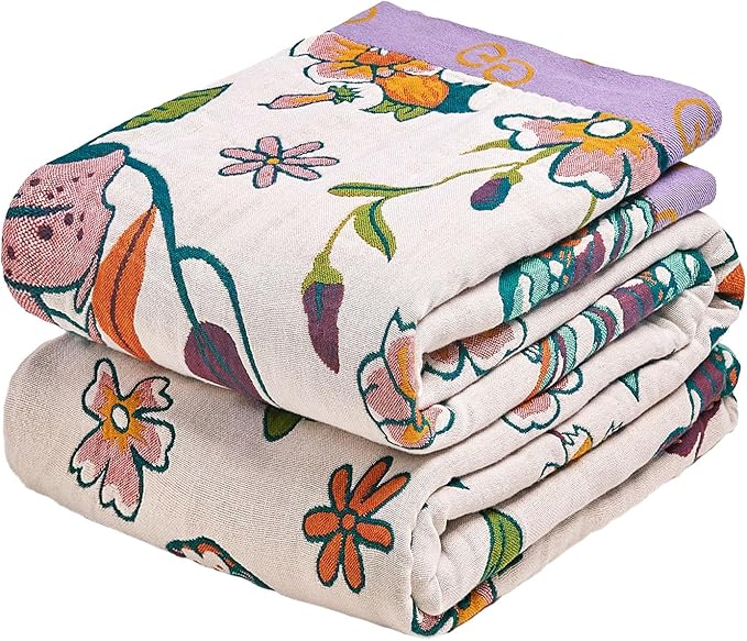 MSGKV Boho Throw Blanket 60"x80" Floral Blanket for Bed Couch 100% Cotton Spring Breathable Lightweight Farmhouse Twin Blankets All Seasons Home Decor Muslin