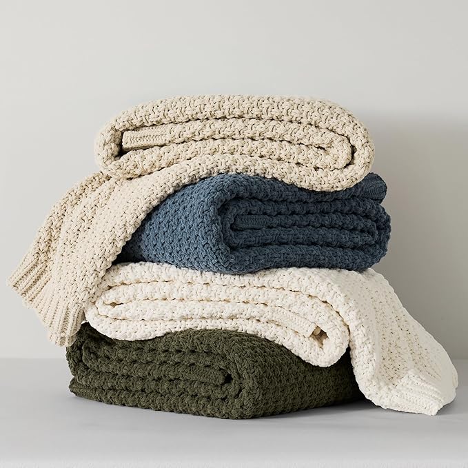 EVERGRACEHOME Chunky Chenille Knit Throw Blanket for Couch, Soft Luxurious Moss Stitch Blankets for Bed, Cozy Decorative Farmhouse Knitted Throws for Sofa, Ivory White, 50" x 60"