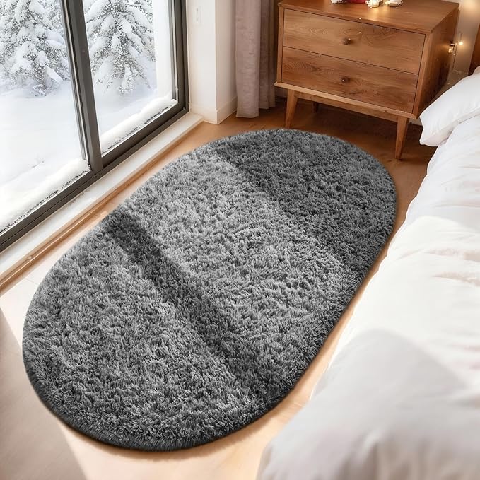 Ophanie 3x5 Oval Rug, Bedside Preppy Dorm Area Rug, College Essentials Non Slip Grey Small Carpets for Bedroom, Anti Slip Fluffy Gray Living Room Rugs Home Decor Aesthetic, Nursery