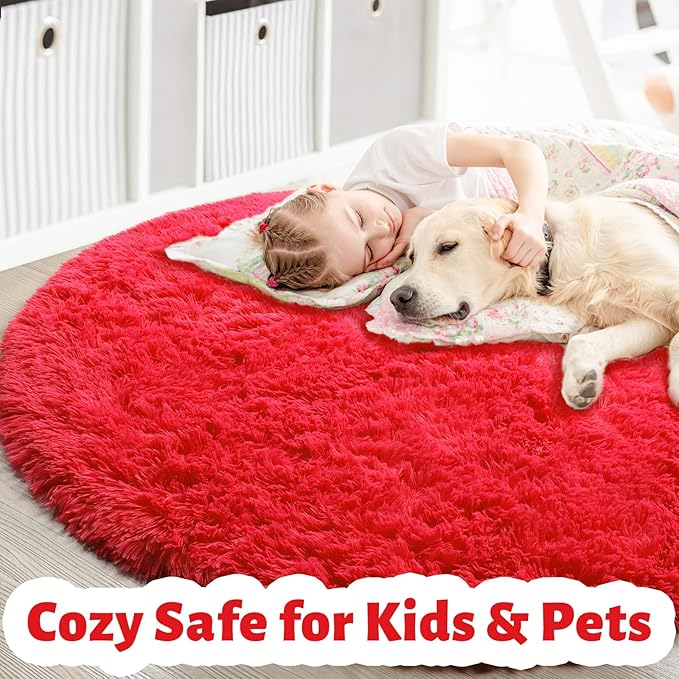 Red Round Rug 4Ft for Bedroom, Fluffy Shag Circle Area Rugs for Kids Room Decor Aesthetic, Fuzzy Plush Fur Carpets for Living Room Nursery Dorm Classroom, Red Carpet, Christmas Rugs for Teen Boys