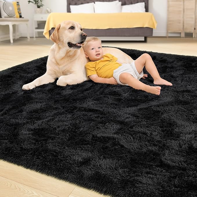 Tepook Super Soft Fluffy Rug for Bedroom, Modern Shaggy Fuzzy Kids Rugs for Living Room, Plush Indoor Nursery Home Decor Dorm Carpet with Non-Slip Bottom, Black, 3 X 5 Feet