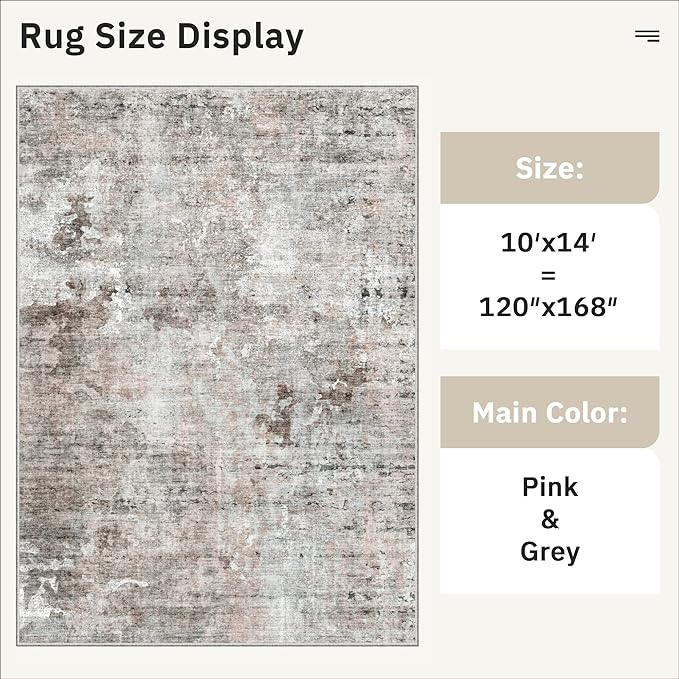 10x14 Area Rugs for Living Room, Non Slip Machine Washable Vintage Rugs, Low Pile Lightweight Large Rug for Bedroom, Dining Room, Home Office Pink/Grey
