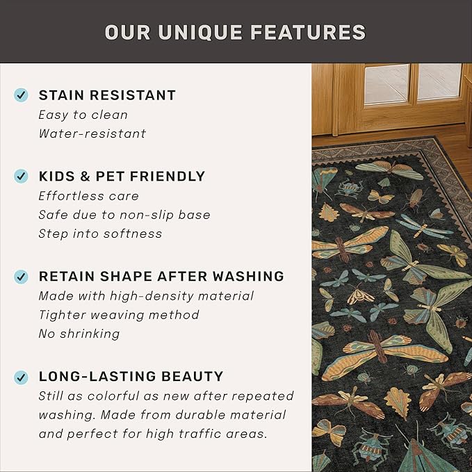 Black Insect 2'6"x10' Washable Extra Long Runner Rugs for Hallways, Non Skid Stain Resistant Wide Rug Runners for Kitchen, Entryway, Dark Floral Boho Butterfly Pattern Indoor Decor