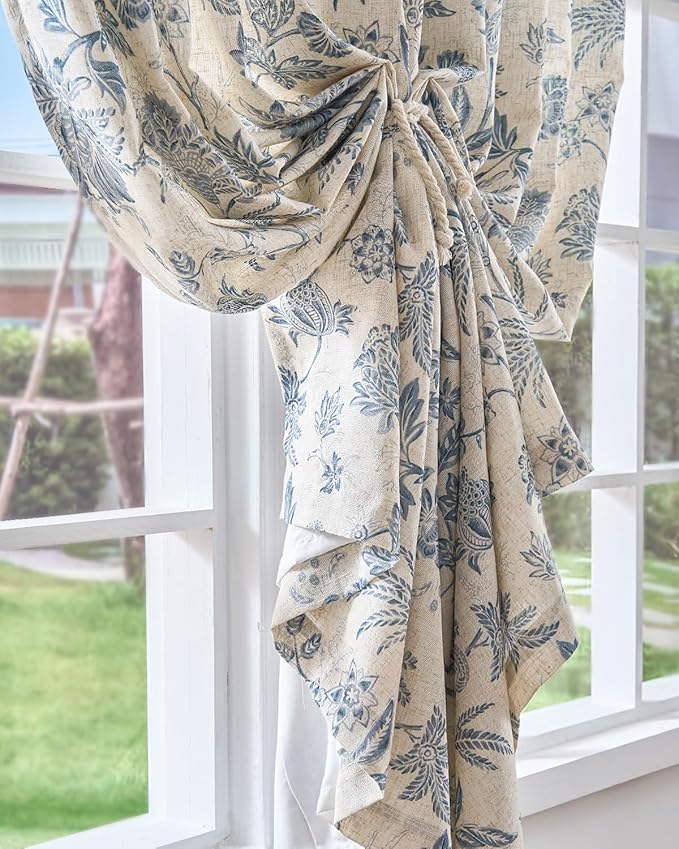 jinchan Lined Linen Floral Curtains for Living Room, 84 Inch Length Printed Flower Farmhouse Patterned French Country Back Tab Blue Window Drapes Set Privacy Bedroom Curtains, 2 Panels