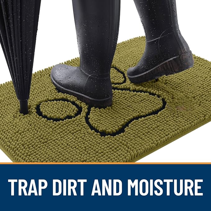 OLANLY Dog Door Mat for Muddy Paws 48x30, Paw Print Design, Absorbs Moisture and Dirt, Non-Slip Washable Doormat, Quick Dry Chenille Mud Mat for Dogs, Entry Indoor Entryway Carpet, Willow Green