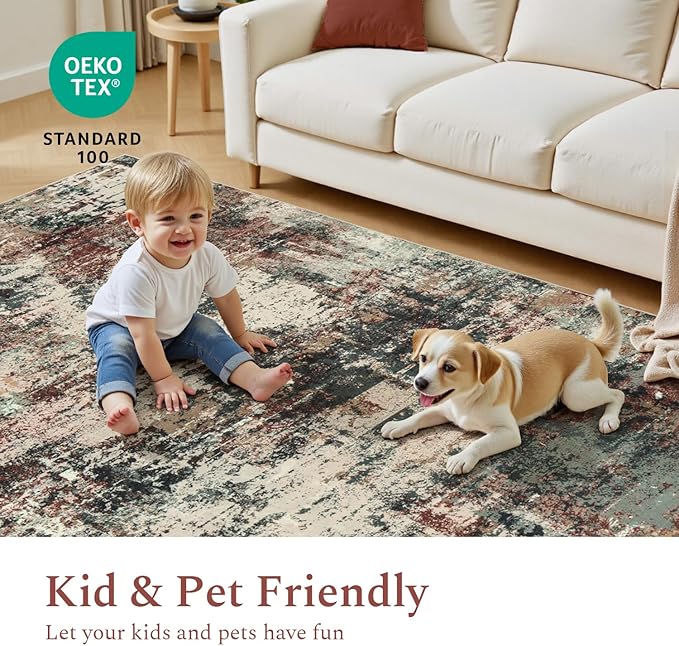 Rugflix 8x10 Area Rugs for Living Room, Washable Large Rug Stain-Resistant Low Pile, Modern Carpet for Dining Room Home Office Kid Room Nursery Bedroom, Rust