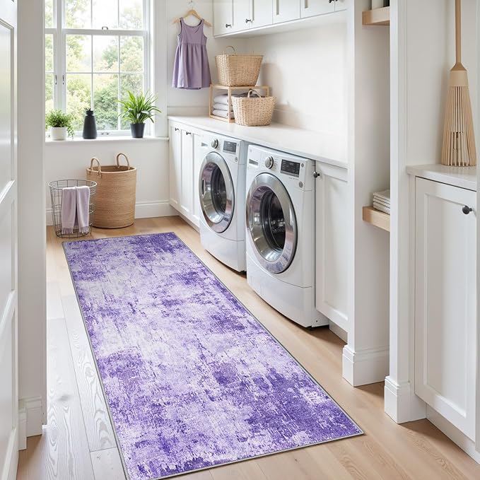 Washable Area Rugs 2'x6' Non-Slip Modern Abstract Soft for Living Room Entryway Bedroom Nursery, Print Pattern, Purple Gray Pink White