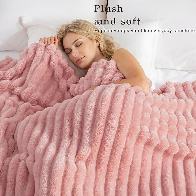 Exclusivo Mezcla Queen Size Flannel Fleece Blanket, Super Soft Striped Jacquard Bed Blanket, Lightweight Fuzzy Cozy for All Seasons, 90x90 Inches, Pink