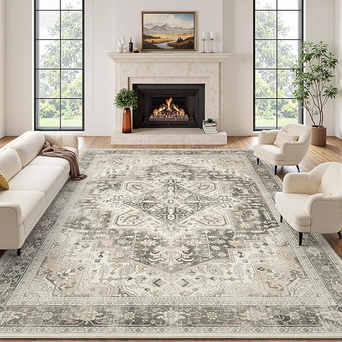 Rugflix 9x12 Area Rugs for Living Room, Machine Washable Rug Non Slip Stain Resistance, Large Rug Vintage Distressed Soft Carpet for Bedroom, Dining Room, Home Office, Beige Grey