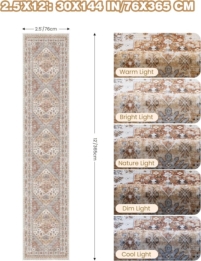 Carpet Runners for Hallway 12ft, Non-Slip Long Bathroom Rugs Runner for Kitchen, Living Room, Bedroom, Soft Vintage Washable Rug for Entryway, Thin Floor Mat for Dining Room(Orange,2.5'x12')