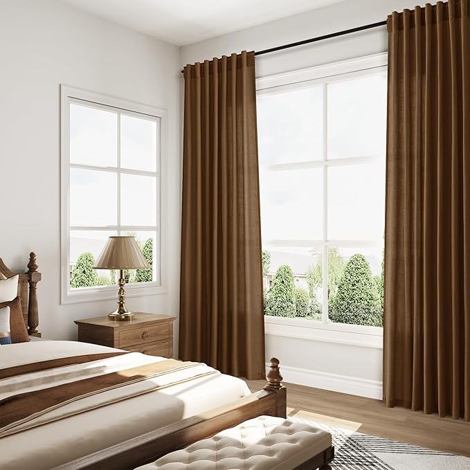 Tobacco Brown Linen Curtains 102 Inches Rod Pocket Back Tab Drapes 2 Panels Set for Living Room Bedroom Light Filtering Semi Sheer Tobacco Brown Curtain 102 Length for Patio Door 52x102