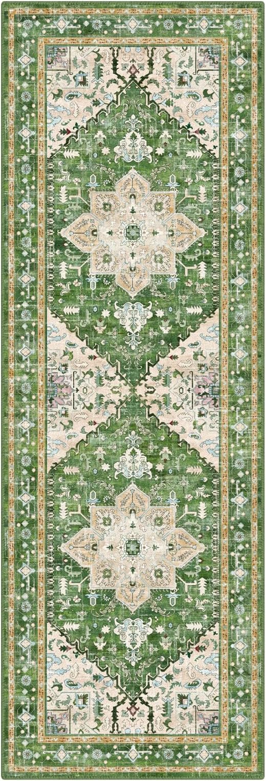 Yamaziot Washable Runner Rug, 2x6 Non-Slip Boho Vintage Hallway Rug Runner with Rubber Backing, Stain Resistant & Low Pile Faux Wool Distressed Carpet Runner for Kitchen, Laundry, Entrance, Green