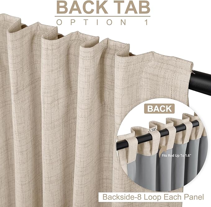 100% Blackout Shield Linen Blackout Curtains for Bedroom 120 Inches Long, Back Tab/Rod Pocket Living Room Drapes, Thermal Insulated Blackout Curtains 2 Panels Set, 50" W x 120" L, Oatmeal