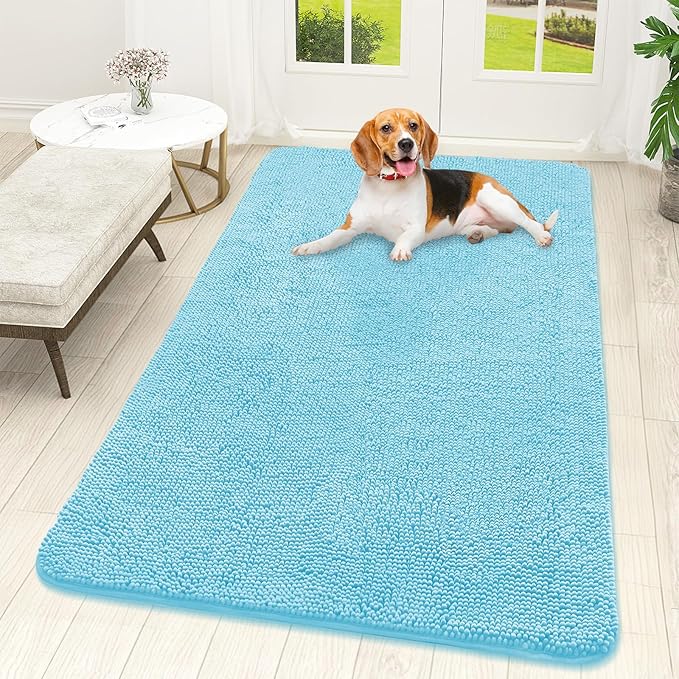 OLANLY Dog Door Mat for Muddy Paws 59x32, Absorbs Moisture and Dirt, Absorbent Non-Slip Washable Doormat, Quick Dry Chenille Mud Mat for Dogs, Entry Indoor Entryway Carpet for Inside Floor, Blue