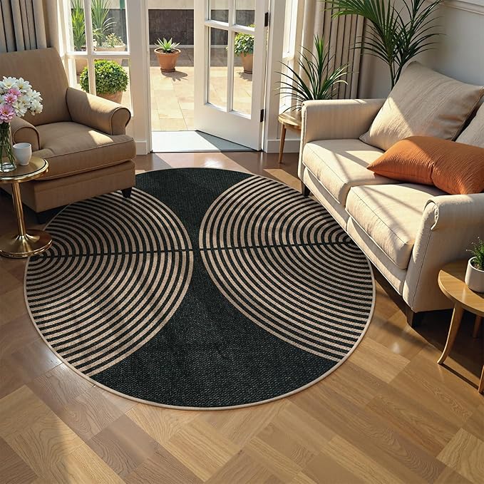 Lahome Enfys Modern Rainbow Round Rug, 6ft Easy Jute Circle Patio Rug Washable Indoor Outdoor Carpet for Living Room, Farmhouse Natural Contemporary Round Mat for Entryway Backyard Porch
