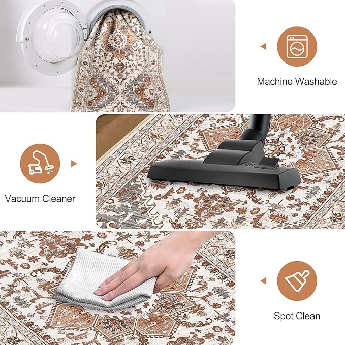 Yamaziot Washable Runner Rug, 2x10 Non-Slip Boho Vintage Hallway Rug Runner with Rubber Backing, Low Pile Faux Wool Distressed Carpet Runner for Bedroom, Kitchen, Laundry, Entrance, Ginger Grey