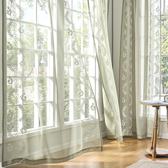 jinchan Belrose Sage Green Floral Sheer Curtains for Living Room 96 Inch Long Voile Embroidered Farmhouse Curtains for Bedroom Ivory Flower Patterned Rod Pocket Window Treatments, 2 Panels Green