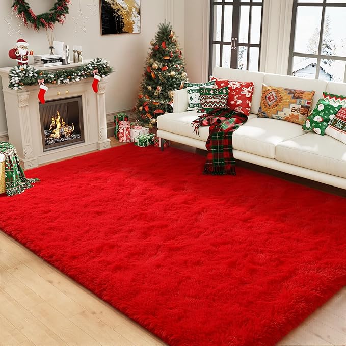 Amearea Shag Fluffy Area Rug for Bedroom Girls Living Room, Extra Soft and Fuzzy Shaggy Rugs, Non Slip, Solid Color Carpet Mat for Boys Nursery Home, Red 5x8 Feet