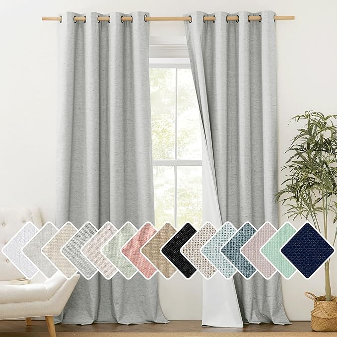 NICETOWN Grey Long Linen Full Shade Panels 108 inches Long 2 Panels, 52" Wide, Thermal Insulated & Energy Efficiency Blackout Curtains for Living Room, Lined Silky Performance Window Dressing
