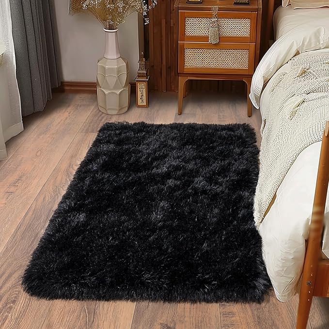 Soft Runner Rugs for Bedroom Hallways, 2x3 Black Fluffy Shag Throw Area Rug Non Slip for Bedside Dorm, Long Shaggy Furry Carpet for Nursery Living Room