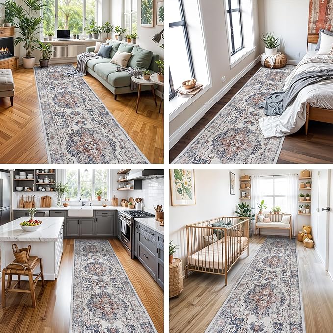 Hallway Washable Runner Rug - 3x10 Kitchen Rugs Entryway Rug Runner Vintage Soft Floor Mat Non Slip Indoor Farmhouse Carpet for Bathroom Living Room Bedroom (3 X 10, Brick)